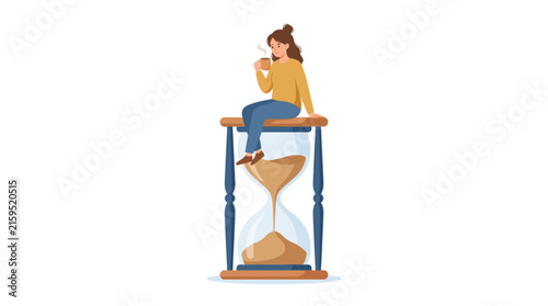 Young woman sitting on top of giant hourglass drinking hot coffee for time management concept flat vector illustration.