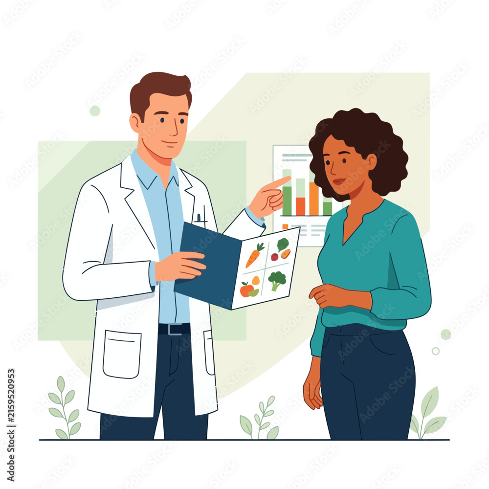 Obraz premium Nutritionist Consulting Patient About Healthy Diet With Food Chart and Bar Graph