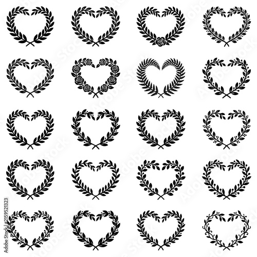 Set of black silhouette heart-shaped floral wreaths, botanical for on white background, frame