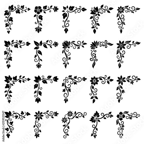 Sixteen black silhouette floral corner ornaments and decorative flourishes arranged in a grid on a clean white background surface
