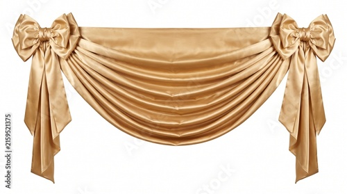 Elegant gold silk curtain valance with decorative bows, luxury satin window swag, ornate golden fabric drapery for interior design