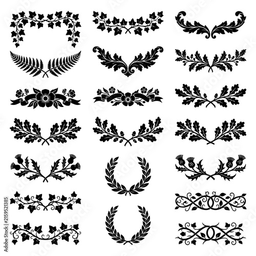 Set of black decorative floral border and wreath isolated on a white background, featuring intricate leaf and flower ornaments