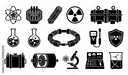Atomic science and nuclear technology black vector symbol set for physics research and energy concepts