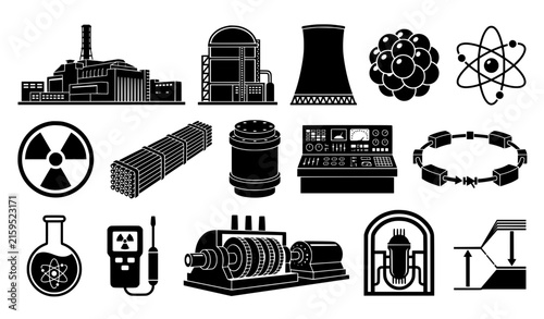 Nuclear power and atomic research black vector collection with reactor energy science and radiation elements