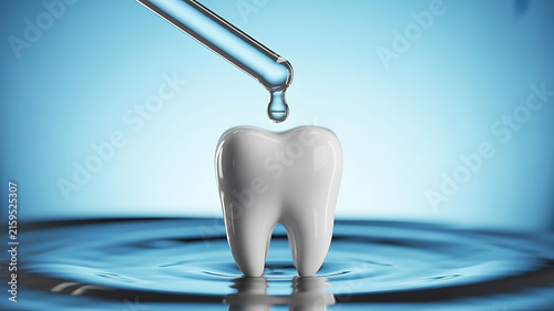 A single white tooth submerged in water with ripples and a dropper dispensing liquid above 