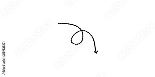 Black dashed arrow drawing a swirl loop pointing downwards for navigation and direction design elements isolated on transparent background