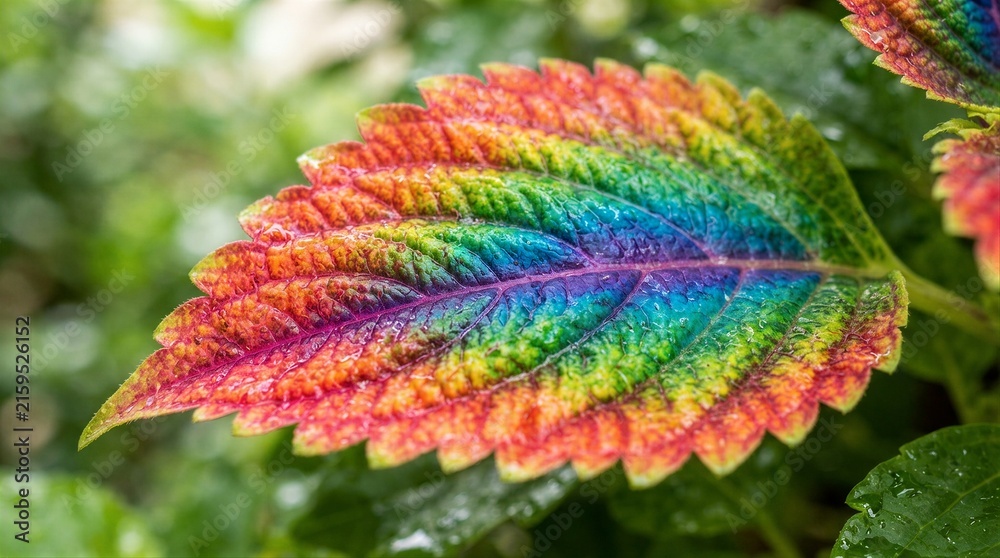 Fototapeta premium Variegated leaf displaying rainbow colors in closeup