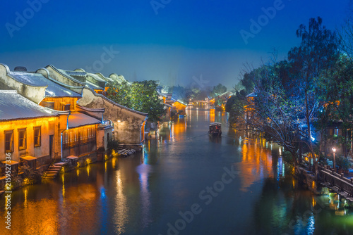 Snowy Night View of Wuzhen Ancient Town, Zhejiang Province, China
