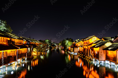 Wuzhen Ancient Town Night View - Traditional Chinese Architecture and Canal Reflection