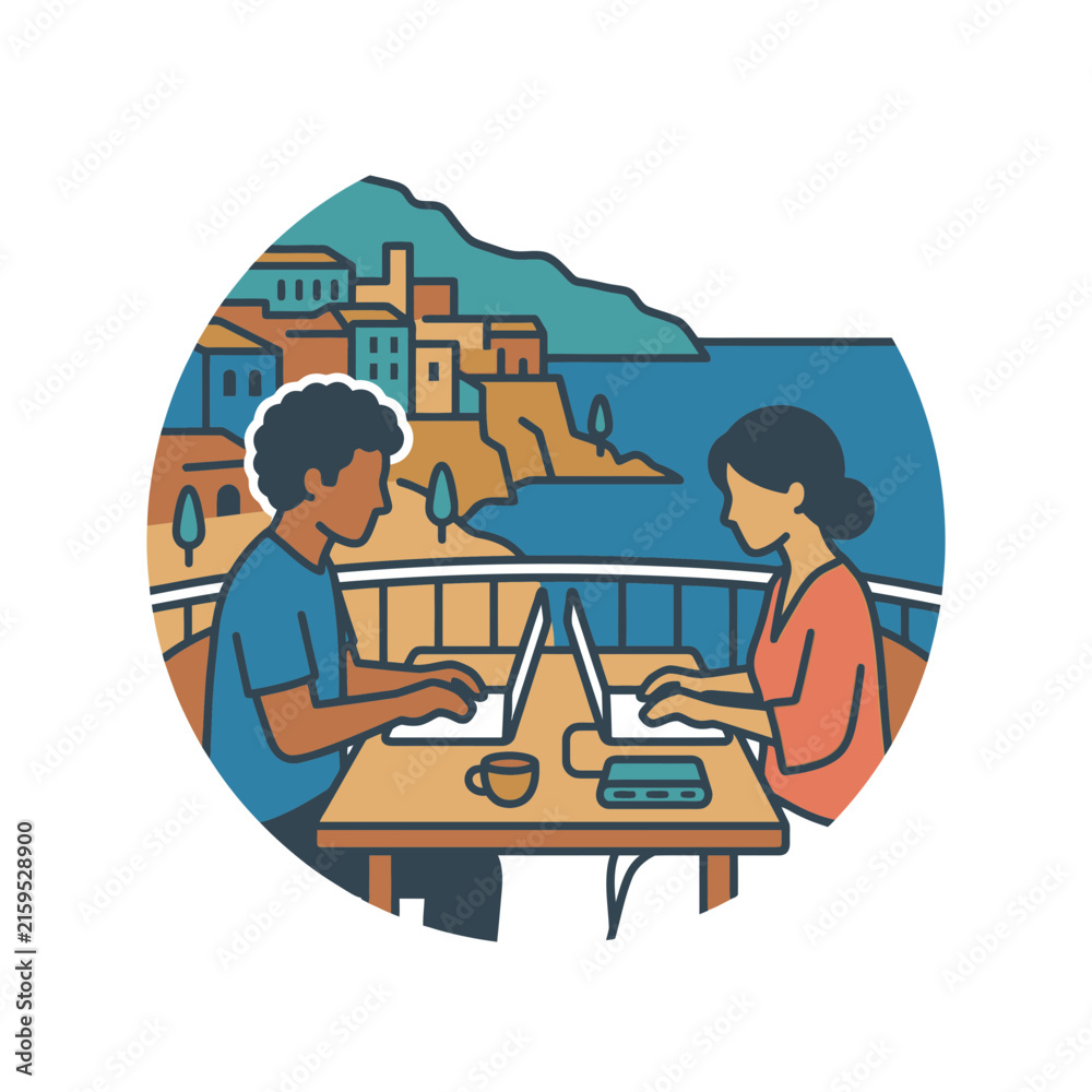 Fototapeta premium Man and woman working remotely on scenic balcony.