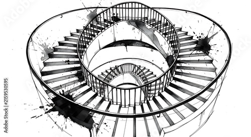 A black and white ink of a spiral staircase viewed from above with artistic ink splatters and drips on a white background