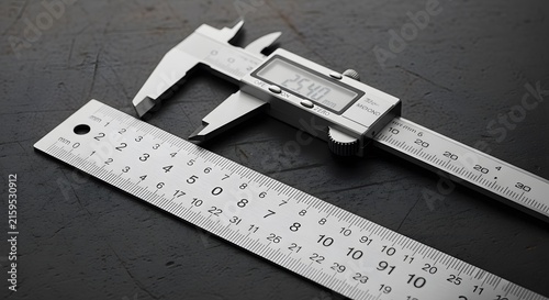 Precision Tools: A digital caliper and a metal ruler are laid out on a dark surface, showcasing instruments for accurate measurement and engineering.