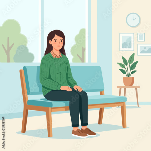Woman sitting on a light blue couch in a waiting room with plants and art on the wall.
