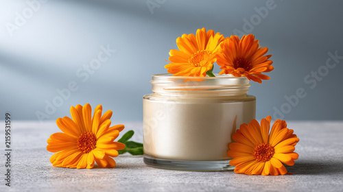 Calendula flower face moisturizer skin care cream jar beauty product cosmetic cream Glass jar of face moisturizer with calendula flower gray table