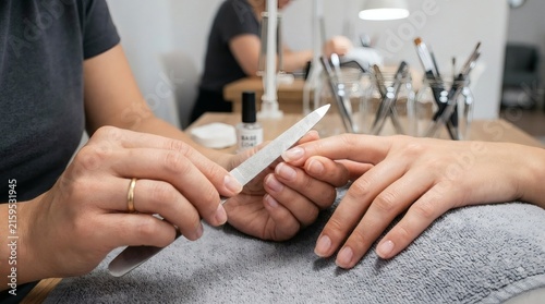 Manicurist Filing Fingernails During Nail Care Service