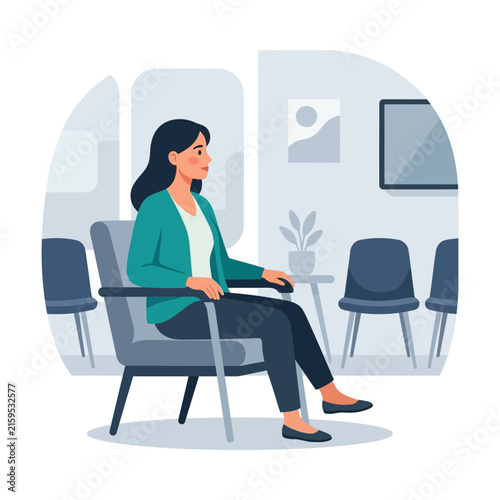 Woman waiting in a modern reception area, sitting patiently in a comfortable chair in a minimalist office or clinic waiting room.