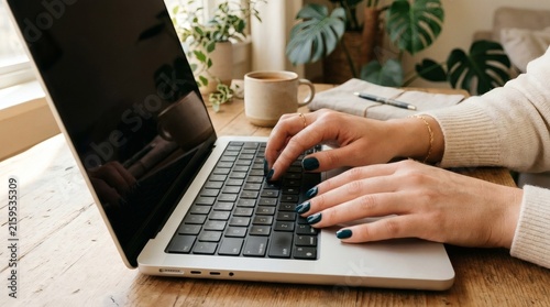 Person Typing on Laptop with Green Plants and Coffee Mug