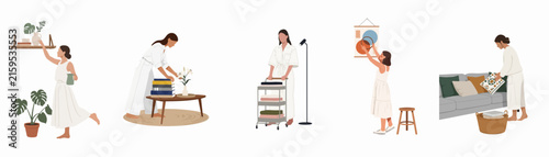 Minimalist illustrations of women engaged in domestic activities such as decorating, organizing, and tidying up their home interior.