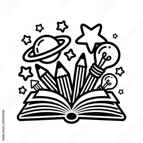 Creative imagination and innovation concept with open book and stars