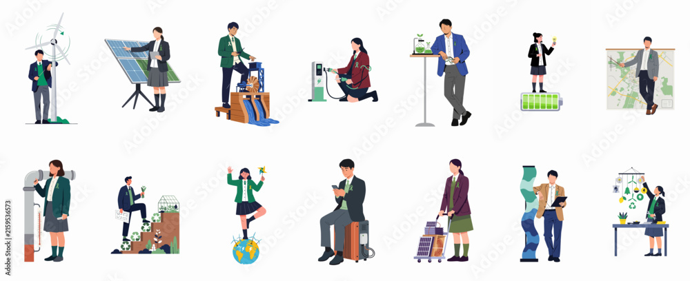 Fototapeta premium Set of Flat Vector Illustrations Featuring People Engaged with Renewable Energy, Green Technology, and Environmental Sustainability Practices.