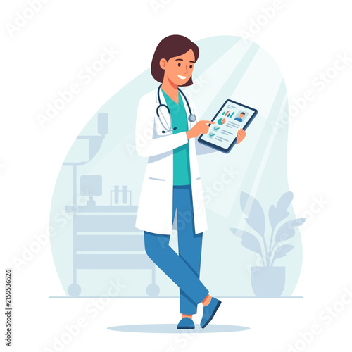 Female Doctor with Stethoscope Holding Tablet with Medical Data in Modern Clinic