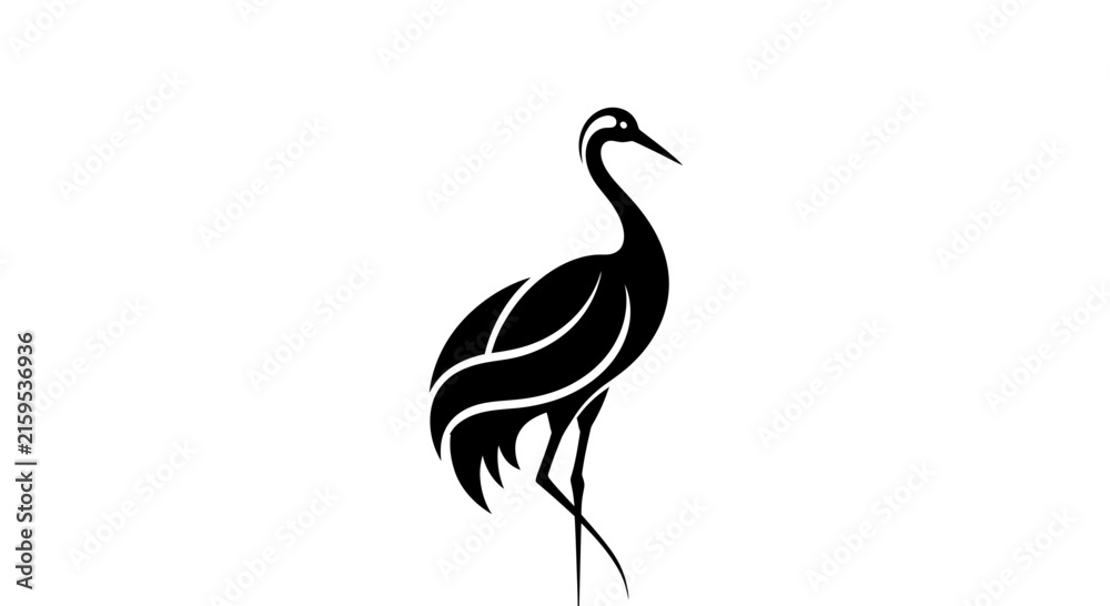 Obraz premium Elegant Minimalist Black Crane Silhouette Icon Design Featuring Fluid Curves and Sophisticated Bird Aesthetic for Modern Brand Identity
