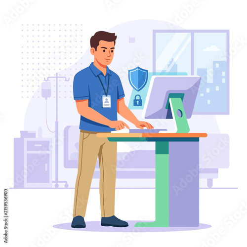 Healthcare professional managing patient data securely on computer in modern hospital room, vector illustration