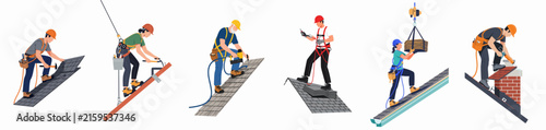 Detailed vector collection of professional roofers performing various tasks including installation, repair, and maintenance on different roof types and slopes.