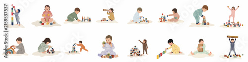 Collection of illustrated toddlers and young children playing with colorful building blocks and toys in various poses, isolated on a white background.