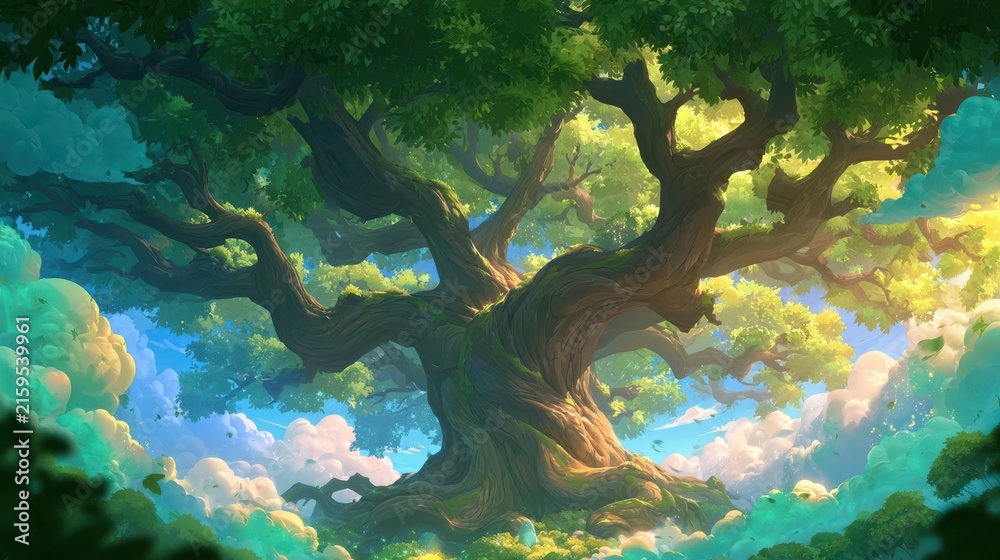 Obraz premium Majestic Ancient Tree Above Clouds in Magical Fantasy World Game Background