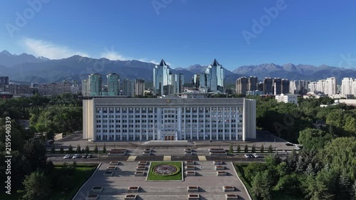 View from a quadcopper of Republic Square and the Akimat (City Hall) of the Kazakh city of Almaty