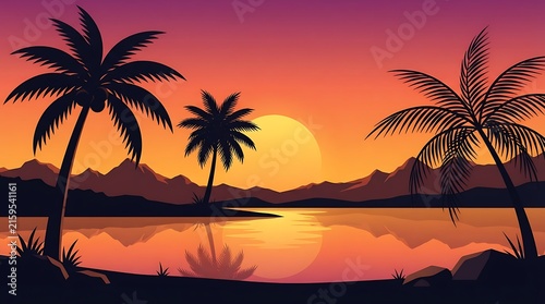 Tropical beach sunset with palm trees and orange sky over