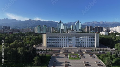 View from a quadcopper of Republic Square and the Akimat (City Hall) of the Kazakh city of Almaty