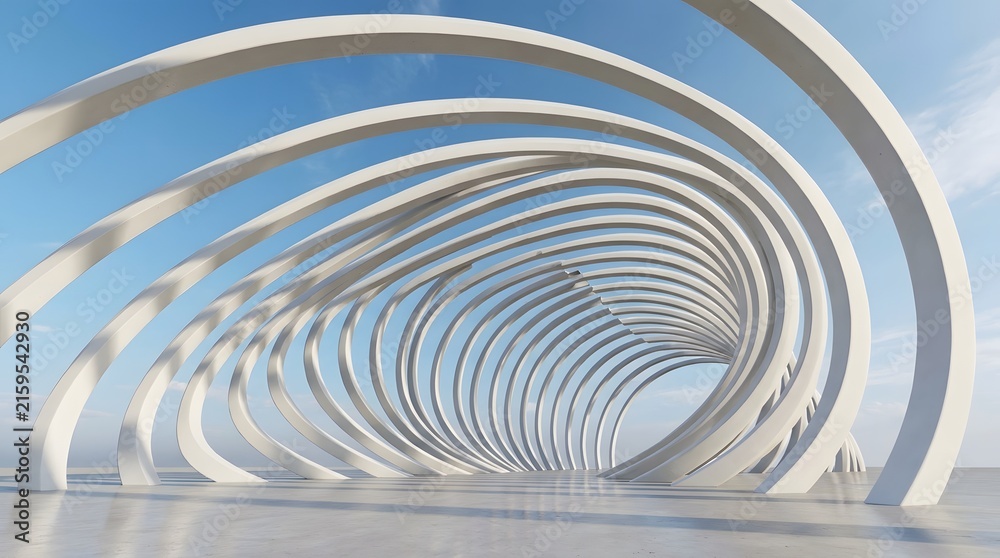 Naklejka premium Futuristic architectural tunnel with repeating arches leading to a bright blue sky
