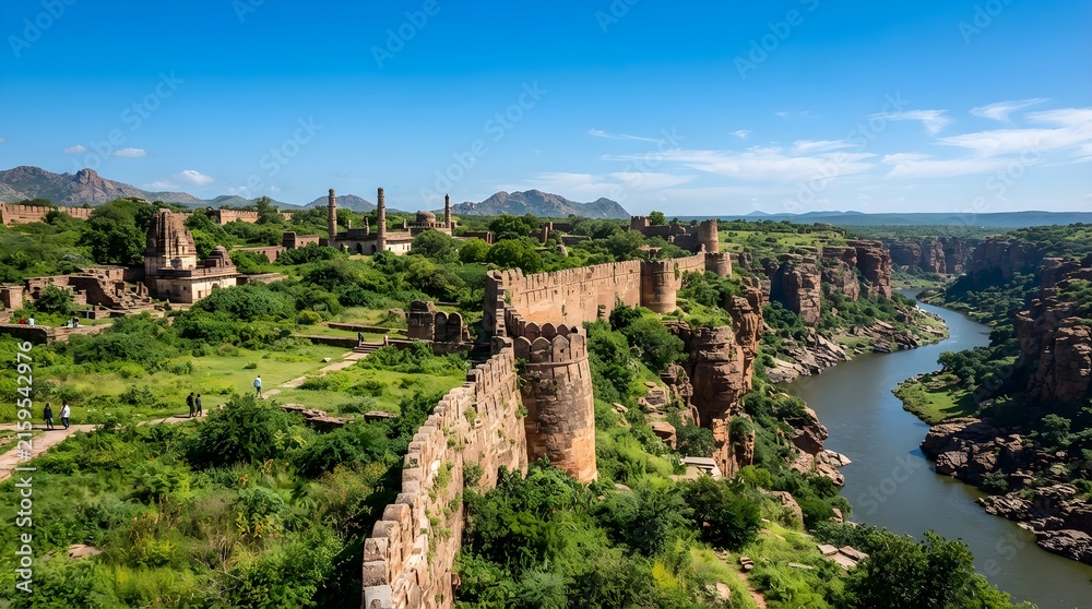 Obraz premium Bright daytime view of ancient hilltop fortress walls overlooking a winding river canyon, with lush green vegetation, rugged cliffs, historic stone towers, distant mountains, and clear blue sky for sc