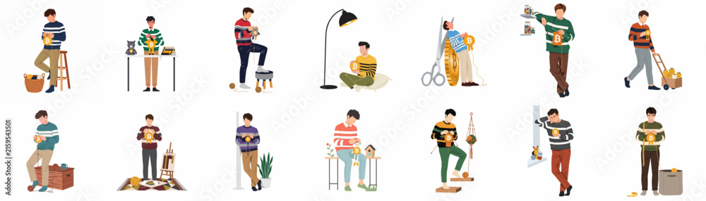 Fototapeta premium A collection of flat-style illustrations featuring young men engaged in various daily life activities, household chores, and relaxing hobbies at home.