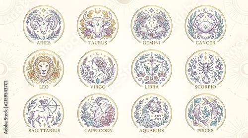 Twelve intricate zodiac signs illustrated with elegant floral details and mystical symbols arranged in gold circular frames on a clean light cream background for astrology