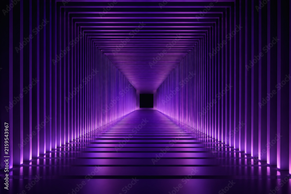 Fototapeta premium Futuristic violet neon light corridor background with 3D ridges