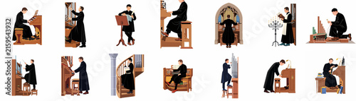 Foto Set of illustrations depicting a man in clerical robes interacting with a pipe organ, playing, tuning, and studying music in a historical setting