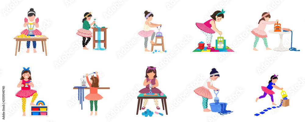 Fototapeta premium Set of illustrations depicting little girls engaged in various creative and sensory play activities like making slime, building blocks, and hands-on experiments.