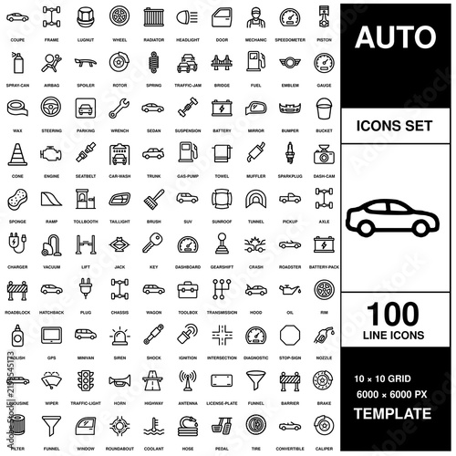 Comprehensive collection of 100 black and white line automotive arranged in a grid for vehicle maintenance sets