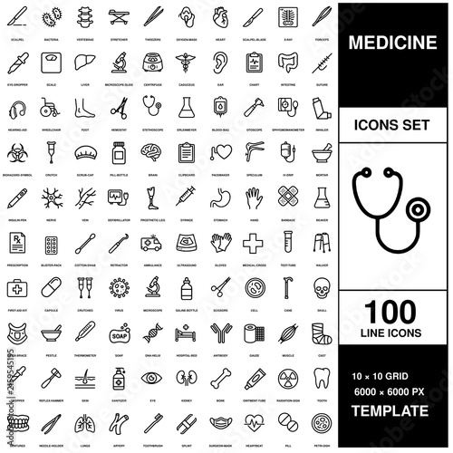 Medical and healthcare set containing 100 black line symbols for hospitals, clinics, and health related projects