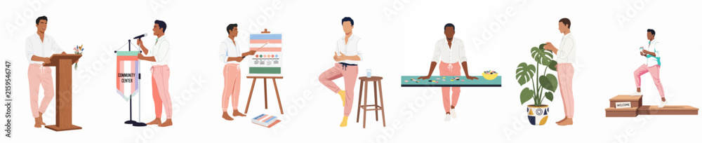 Fototapeta premium Set of flat illustrations showing a man in various business and lifestyle poses including public speaking, presenting, and exercising on a white background.