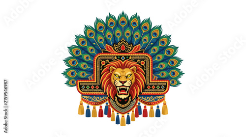 Majestic Lion Head with Peacock Feather Headdress and Ornate Decorations