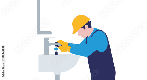 Plumber Fixing Faucet Isolated on White Background - Professional Service