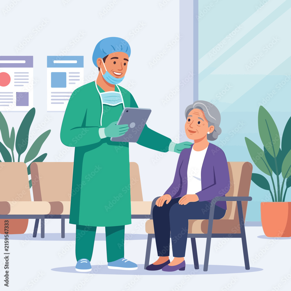 Fototapeta premium Doctor reassures elderly patient in hospital waiting room, vector illustration