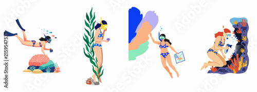 Set of flat vector illustrations featuring a woman snorkeling, diving, and exploring marine life with an underwater camera and gear.