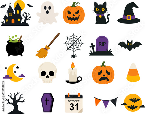 Cute Halloween Vector Icon Set featuring spooky pumpkin, ghost, witch hat, haunted house, skull, and party decor elements.