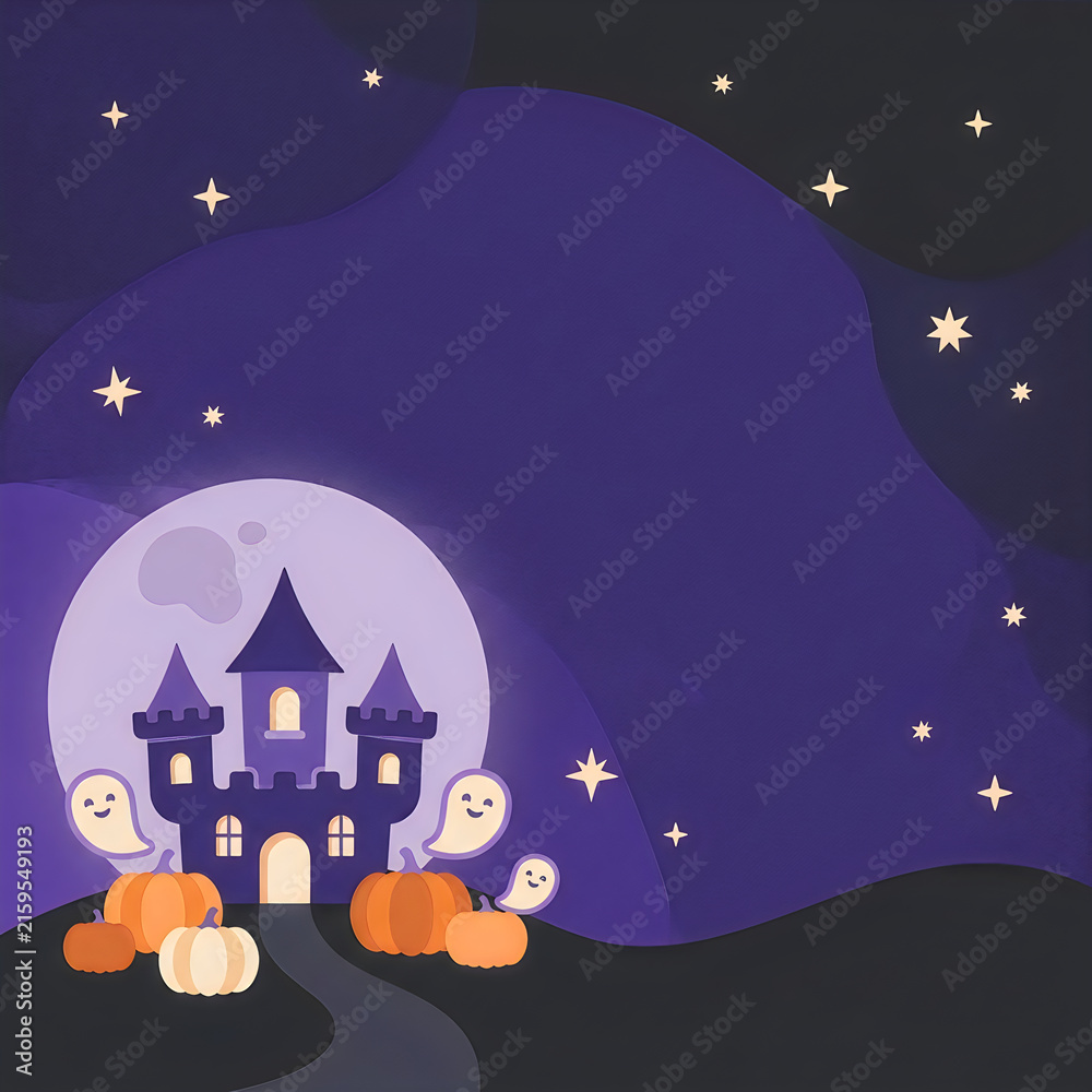 Fototapeta premium Haunted castle and cute ghosts with pumpkins under a full moon night sky