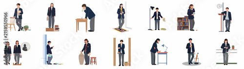 Set of minimalist flat vector illustrations featuring students in diverse daily poses and school-related settings, such as studying, standing, and working.